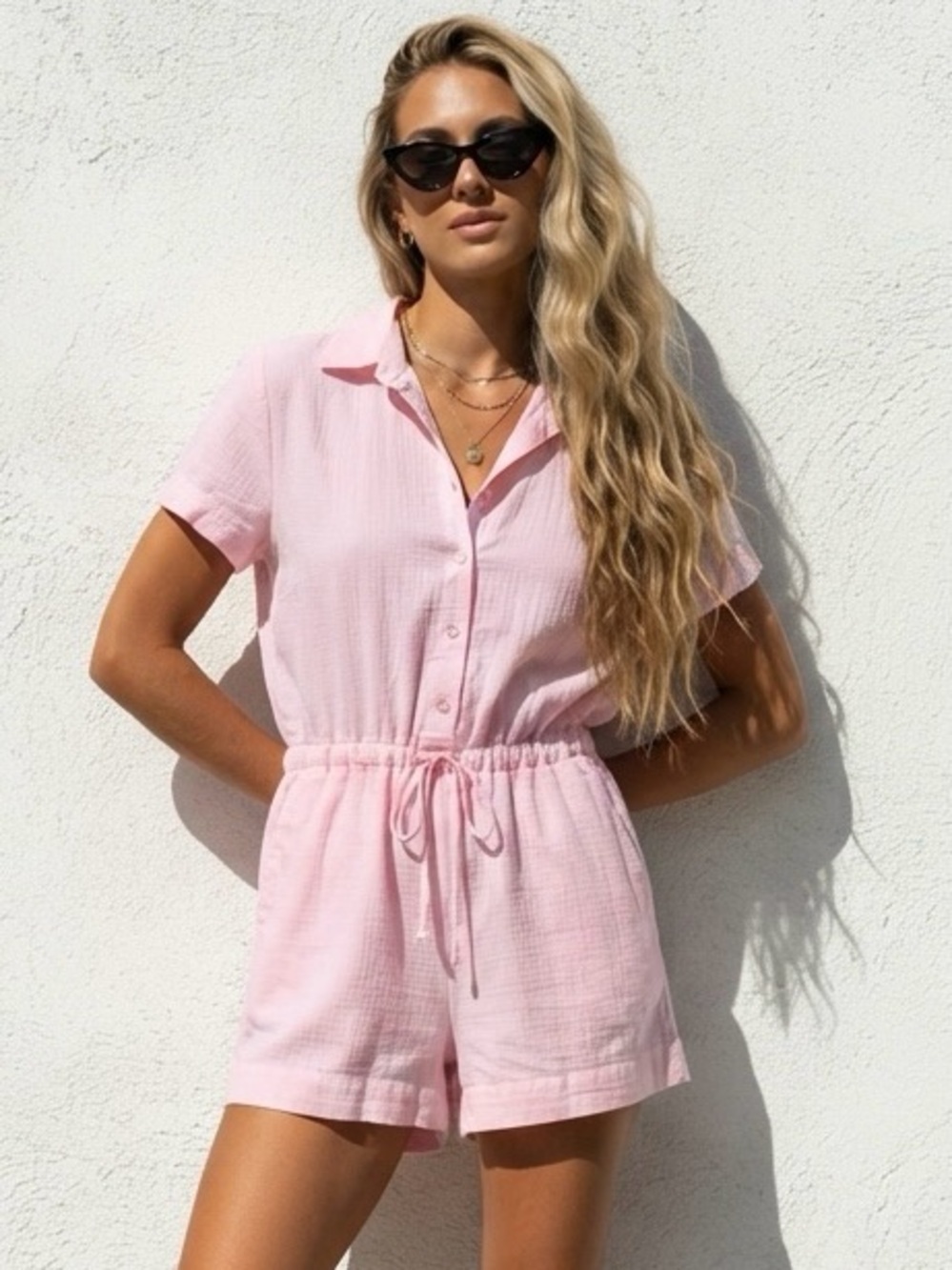 Fabletics Light Pink Short-Sleeve Drawstring Romper - Picture 9 of 16